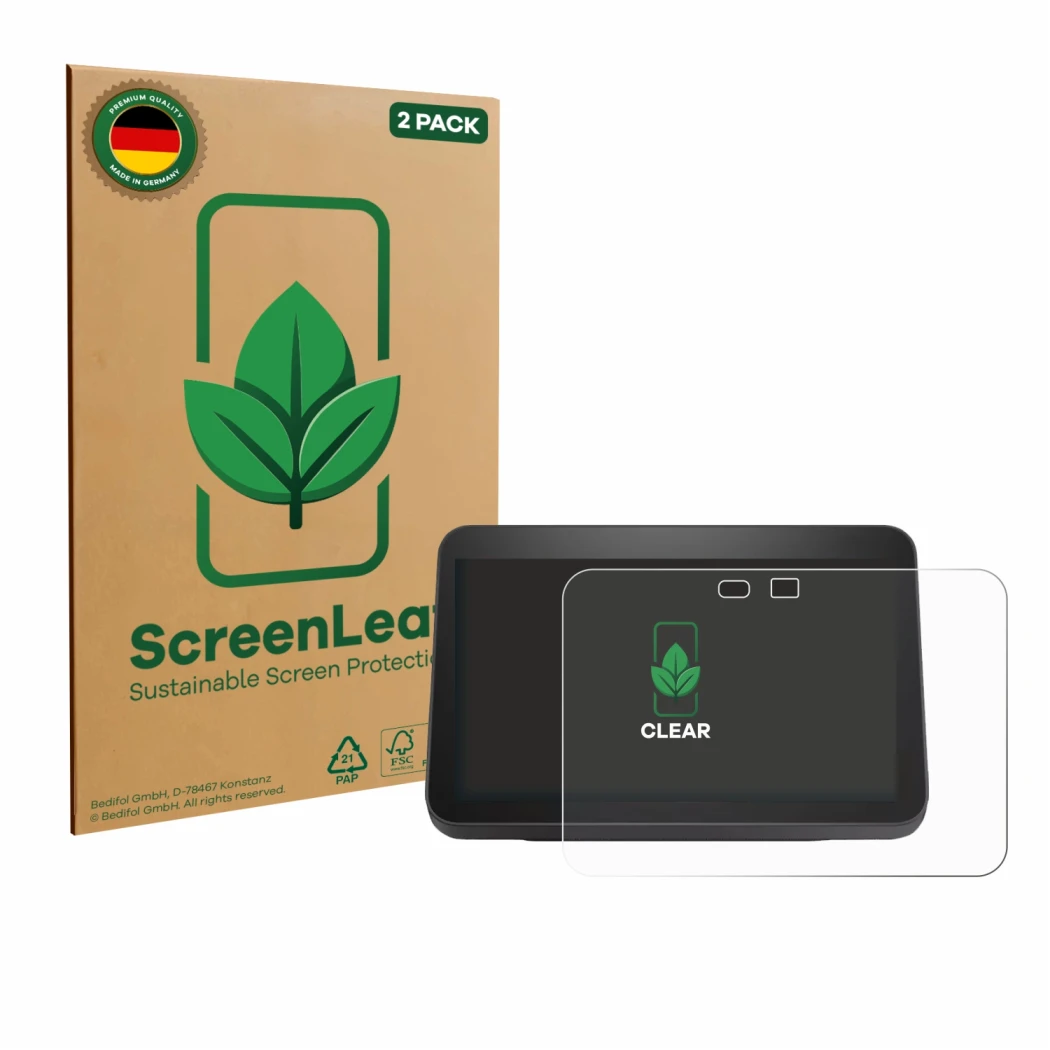 Vorderseite einer Produktverpackung mit dem Markenlogo ScreenLeaf. Daneben ist das Gerät Amazon Echo Show 8 2023 (3. Gen.) mit