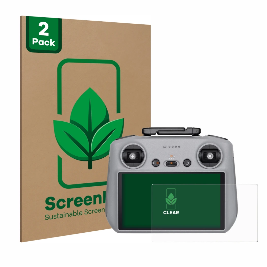Vorderseite einer Produktverpackung mit dem Markenlogo ScreenLeaf. Daneben ist das Gerät DJI RC 2 mit dem zugehörigen Displays