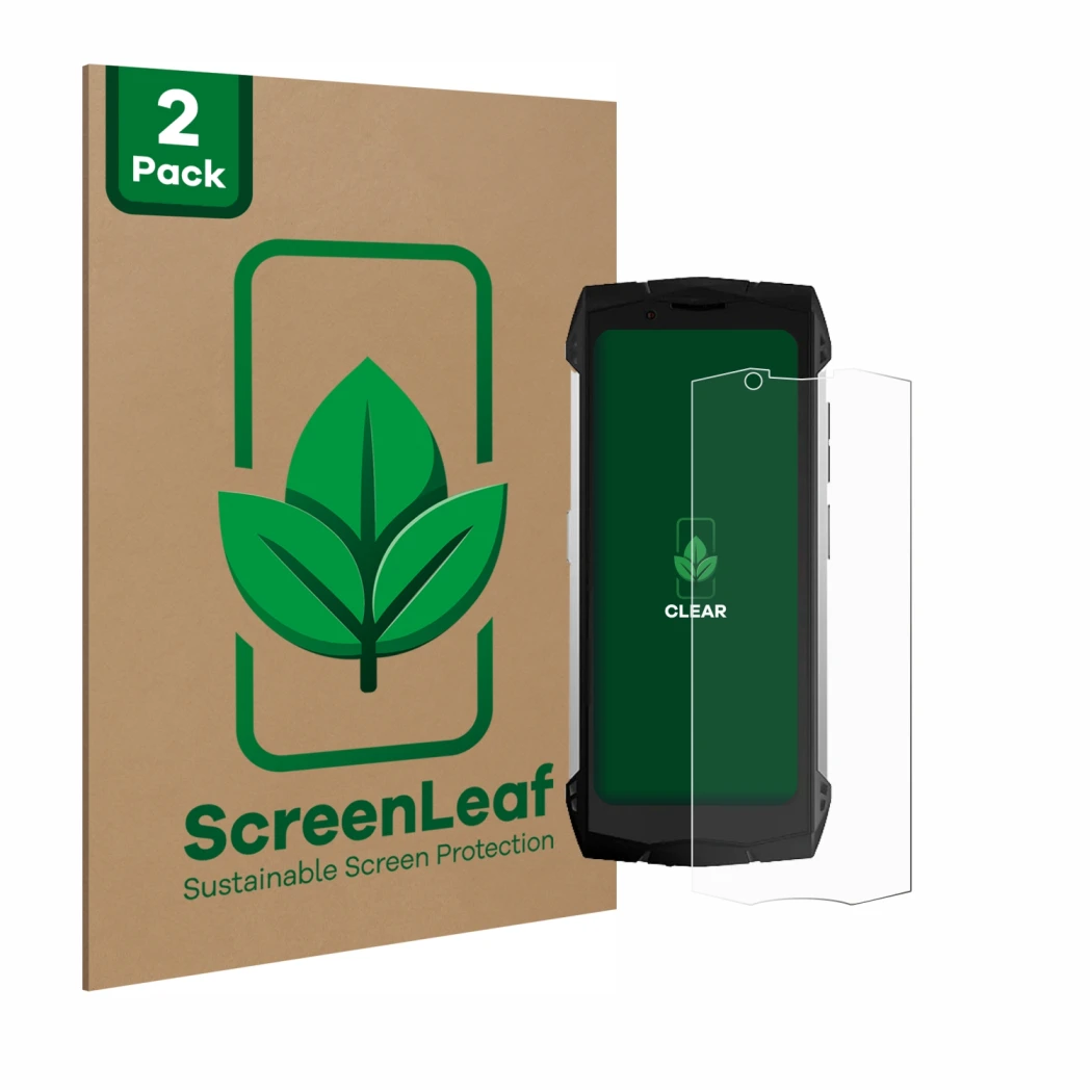 Vorderseite einer Produktverpackung mit dem Markenlogo ScreenLeaf. Daneben ist das Gerät Doogee S Mini mit dem zugehörigen Dis