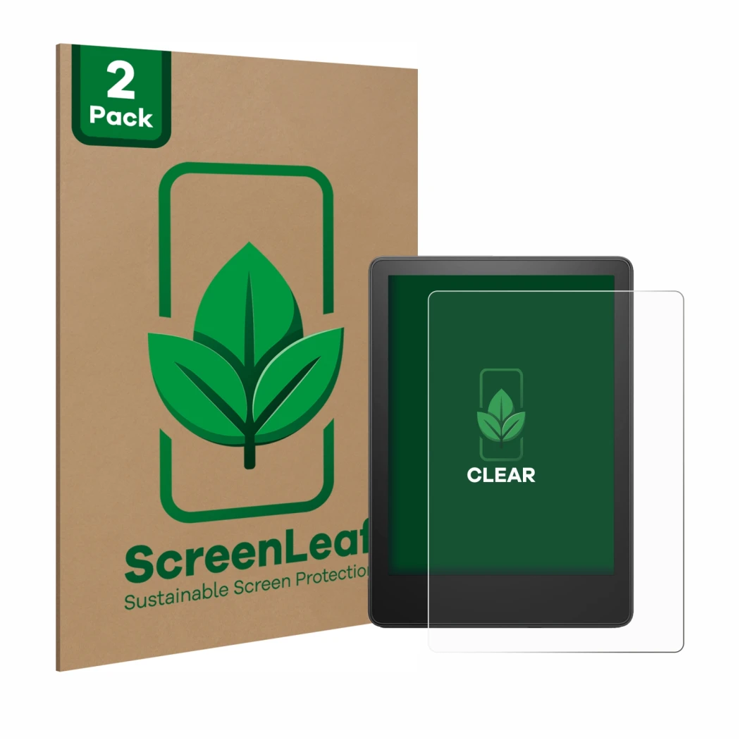 Vorderseite einer Produktverpackung mit dem Markenlogo ScreenLeaf. Daneben ist das Gerät Amazon Kindle Paperwhite 2023 (11. Ge