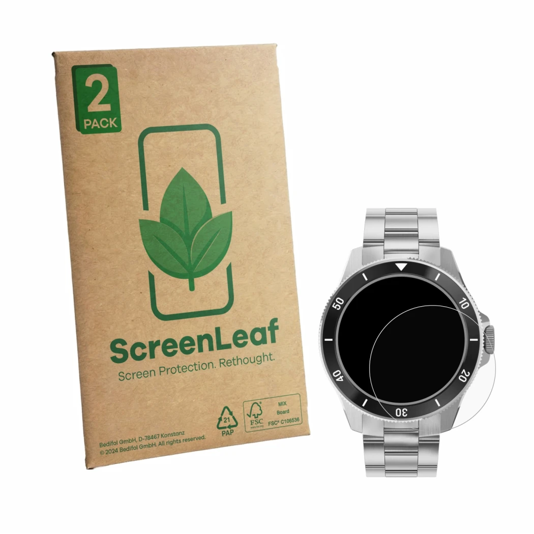 Vorderseite einer Produktverpackung mit dem Markenlogo ScreenLeaf. Daneben ist das Gerät Withings ScanWatch Nova (42 mm) mit d