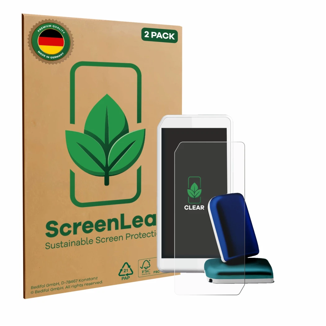 Vorderseite einer Produktverpackung mit dem Markenlogo ScreenLeaf. Daneben ist das Gerät Kaleido DBLG1 Handset 2023 mit dem zu