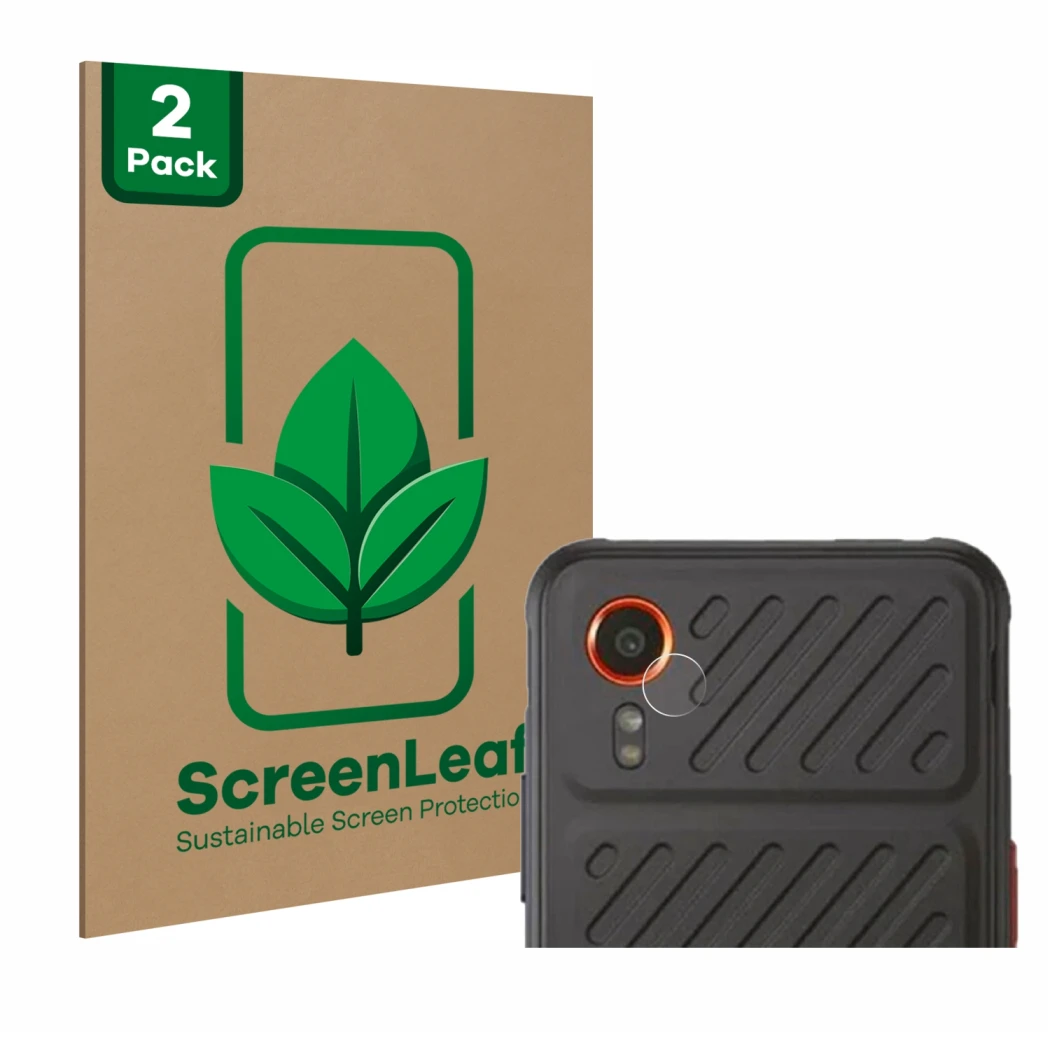Vorderseite einer Produktverpackung mit dem Markenlogo ScreenLeaf. Daneben ist das Gerät Samsung Galaxy XCover 7 (NUR Kamerasc