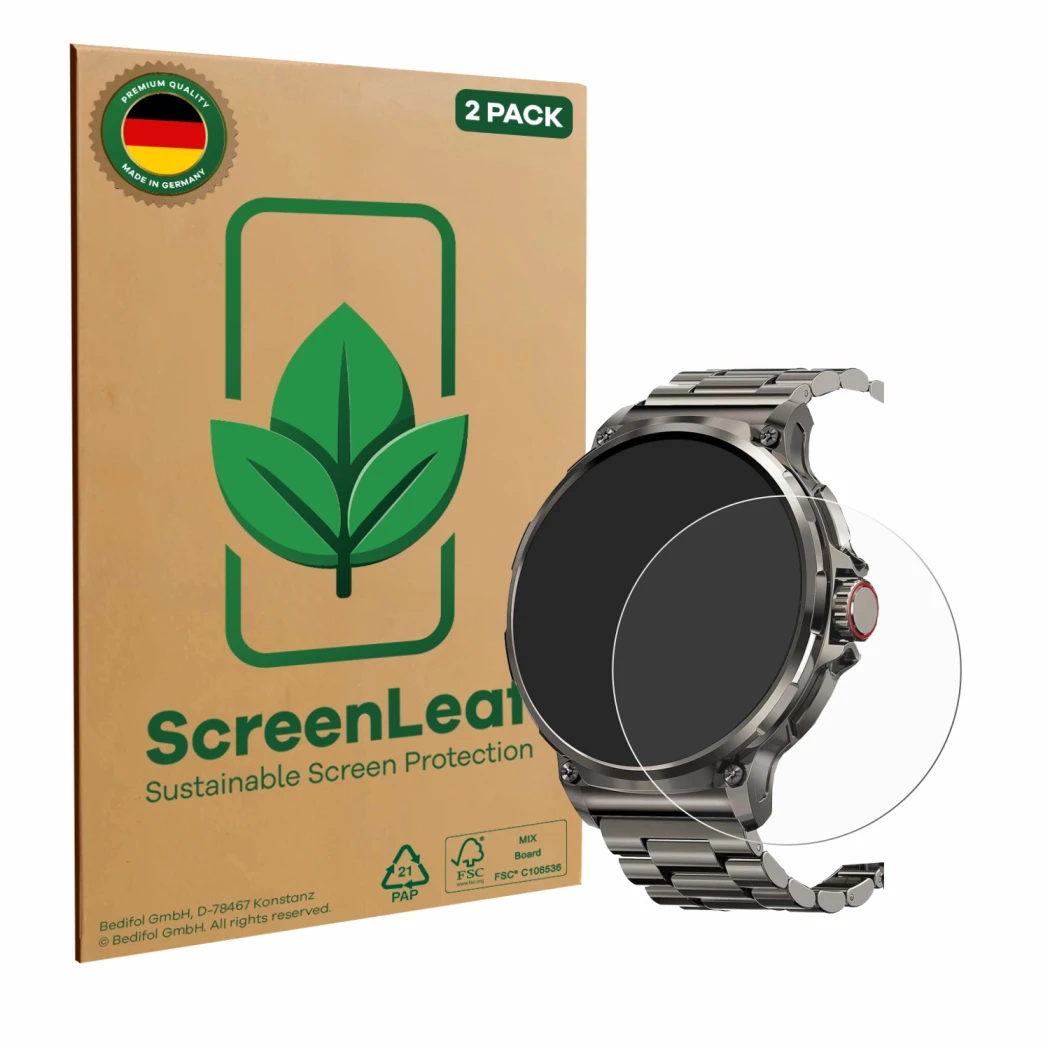 Vorderseite einer Produktverpackung mit dem Markenlogo ScreenLeaf. Daneben ist das Gerät Tesofit Smartwatch 1.85