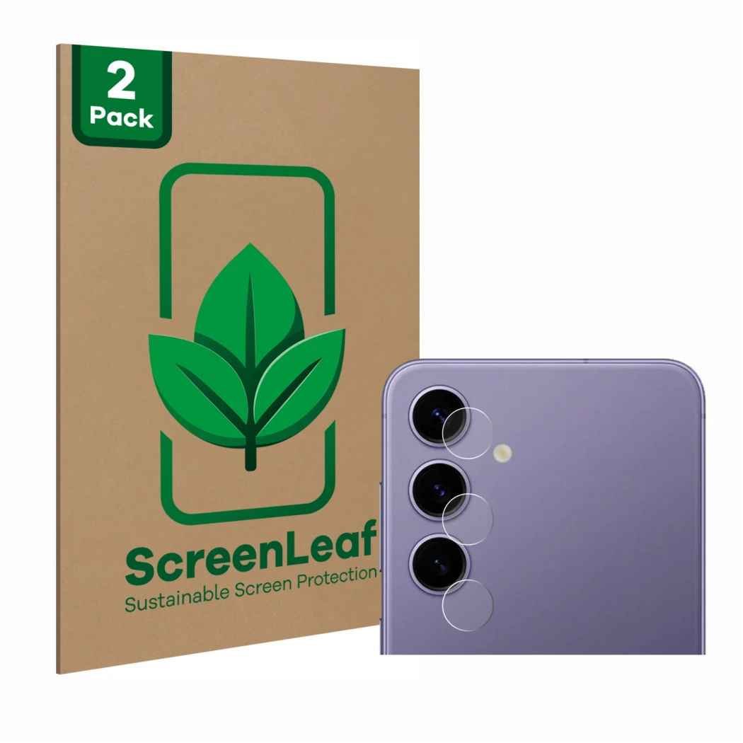 Vorderseite einer Produktverpackung mit dem Markenlogo ScreenLeaf. Daneben ist das Gerät Samsung Galaxy S24 (NUR Kameraschutz)