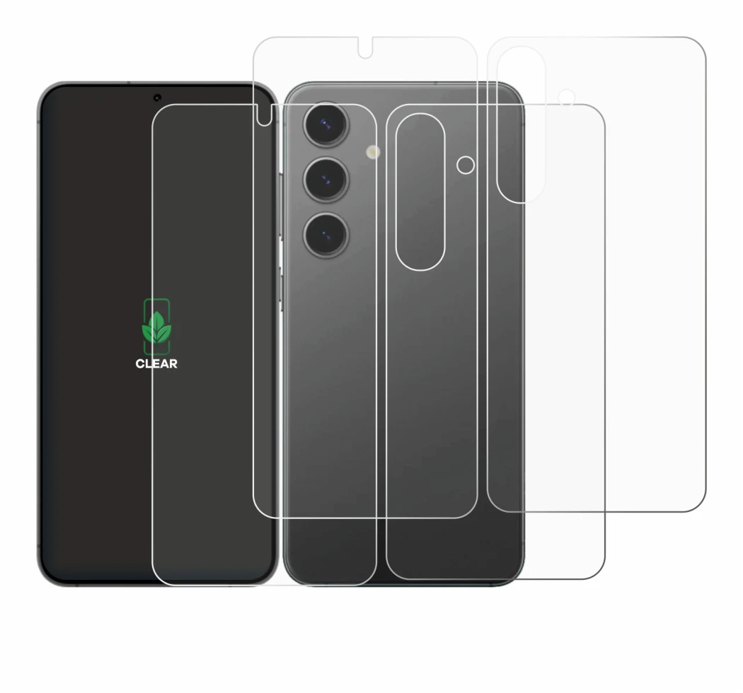 Abbildung des Geräts Samsung Galaxy S24 (Display+Rückseite) mit einer Vielzahl des Displayschutzes.