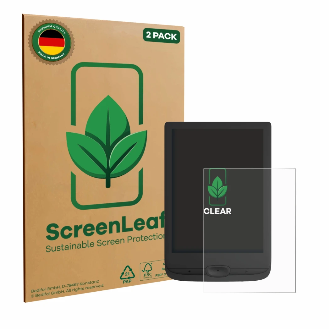 Vorderseite einer Produktverpackung mit dem Markenlogo ScreenLeaf. Daneben ist das Gerät PocketBook Basic Lux 4 mit dem zugehö