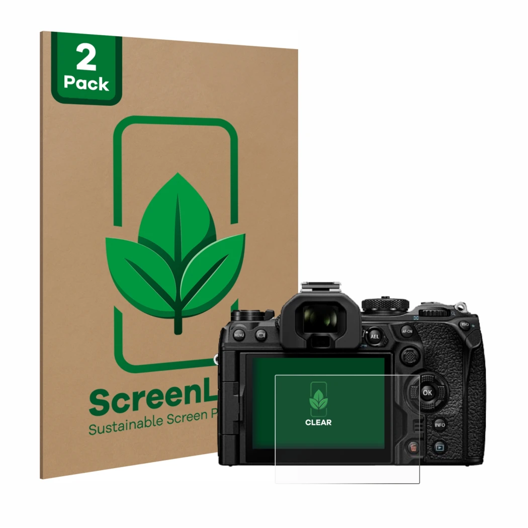Vorderseite einer Produktverpackung mit dem Markenlogo ScreenLeaf. Daneben ist das Gerät Olympus OM System OM-1 Mark II mit de