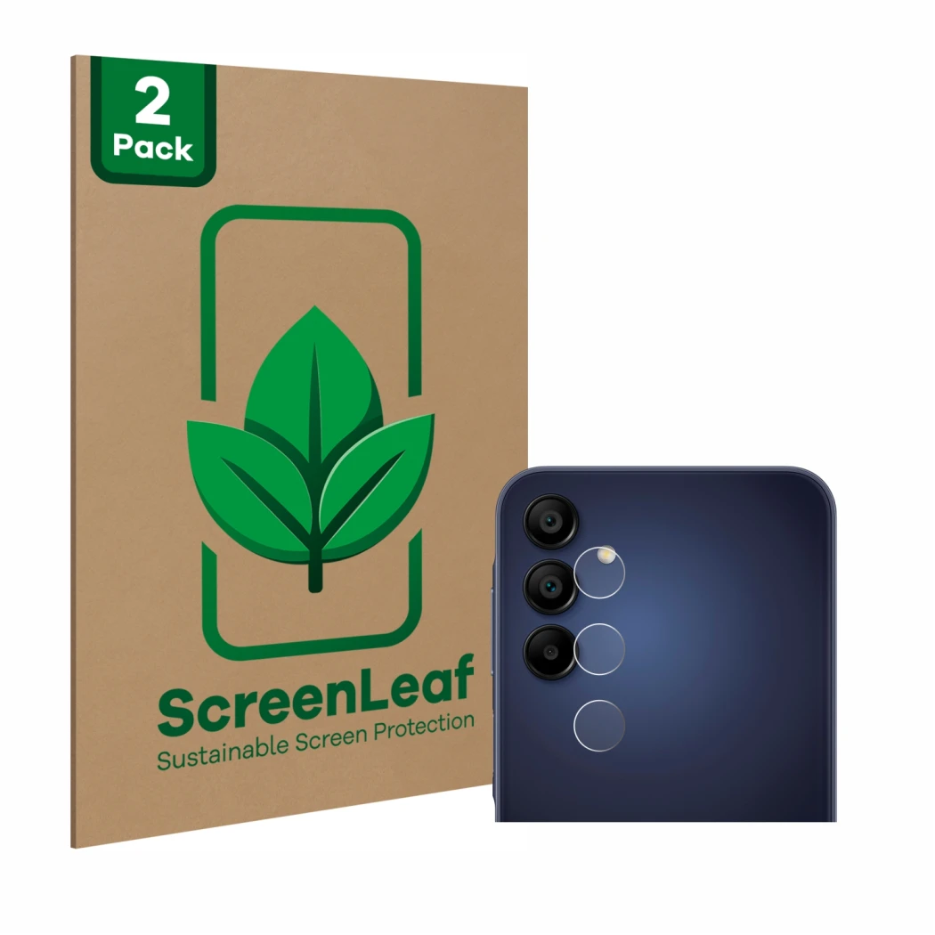 Vorderseite einer Produktverpackung mit dem Markenlogo ScreenLeaf. Daneben ist das Gerät Samsung Galaxy A15 (NUR Kameraschutz)