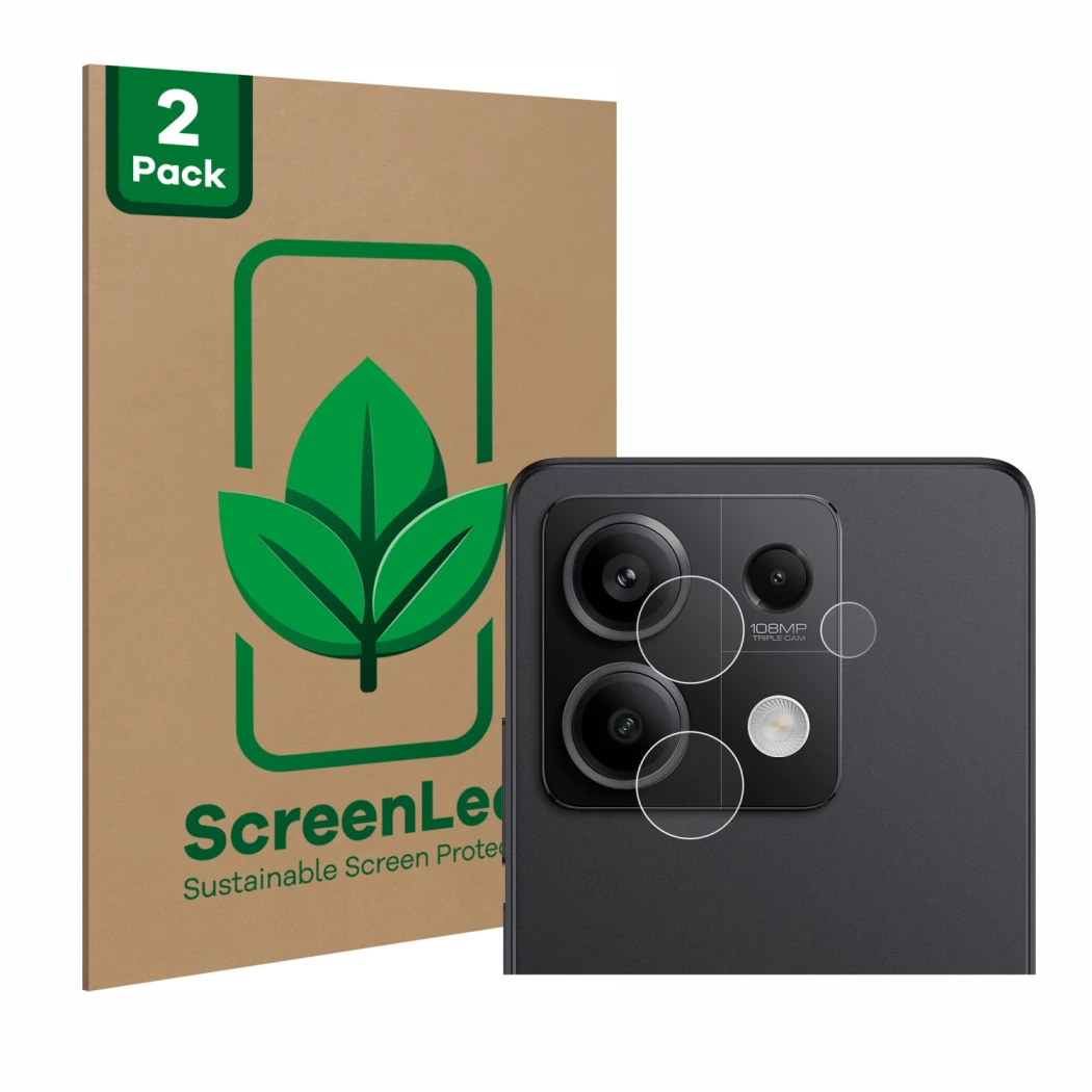 Vorderseite einer Produktverpackung mit dem Markenlogo ScreenLeaf. Daneben ist das Gerät Xiaomi Redmi Note 13 Pro 5G (NUR Kame
