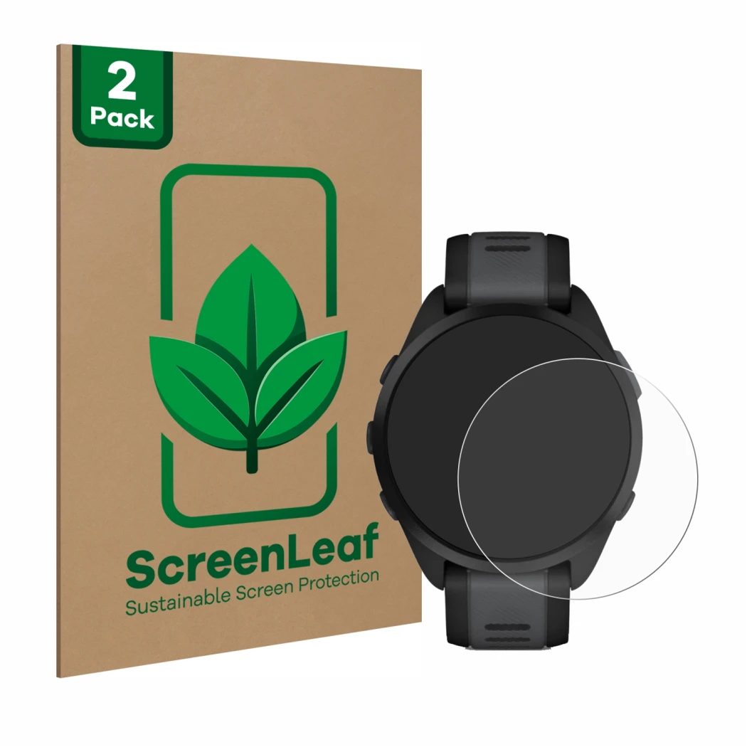 Vorderseite einer Produktverpackung mit dem Markenlogo ScreenLeaf. Daneben ist das Gerät Garmin Forerunner 165 mit dem zugehör