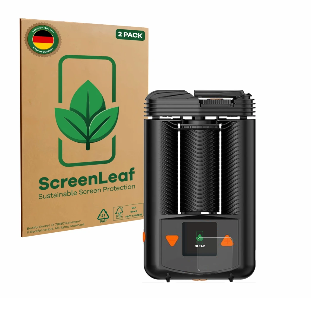Vorderseite einer Produktverpackung mit dem Markenlogo ScreenLeaf. Daneben ist das Gerät Storz & Bickel Mighty + mit dem zugeh