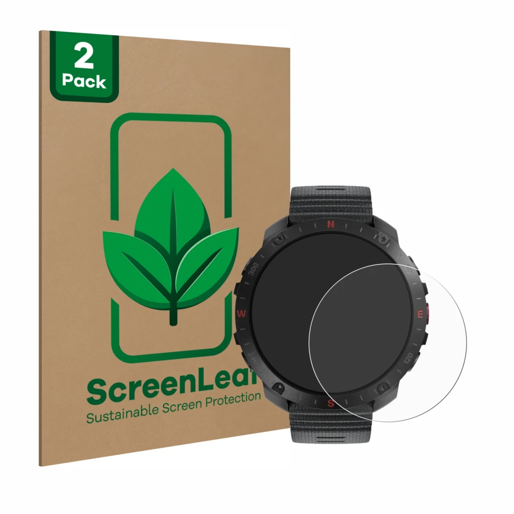 Vorderseite einer Produktverpackung mit dem Markenlogo ScreenLeaf. Daneben ist das Gerät Polar Grit X2 Pro mit dem zugehörigen