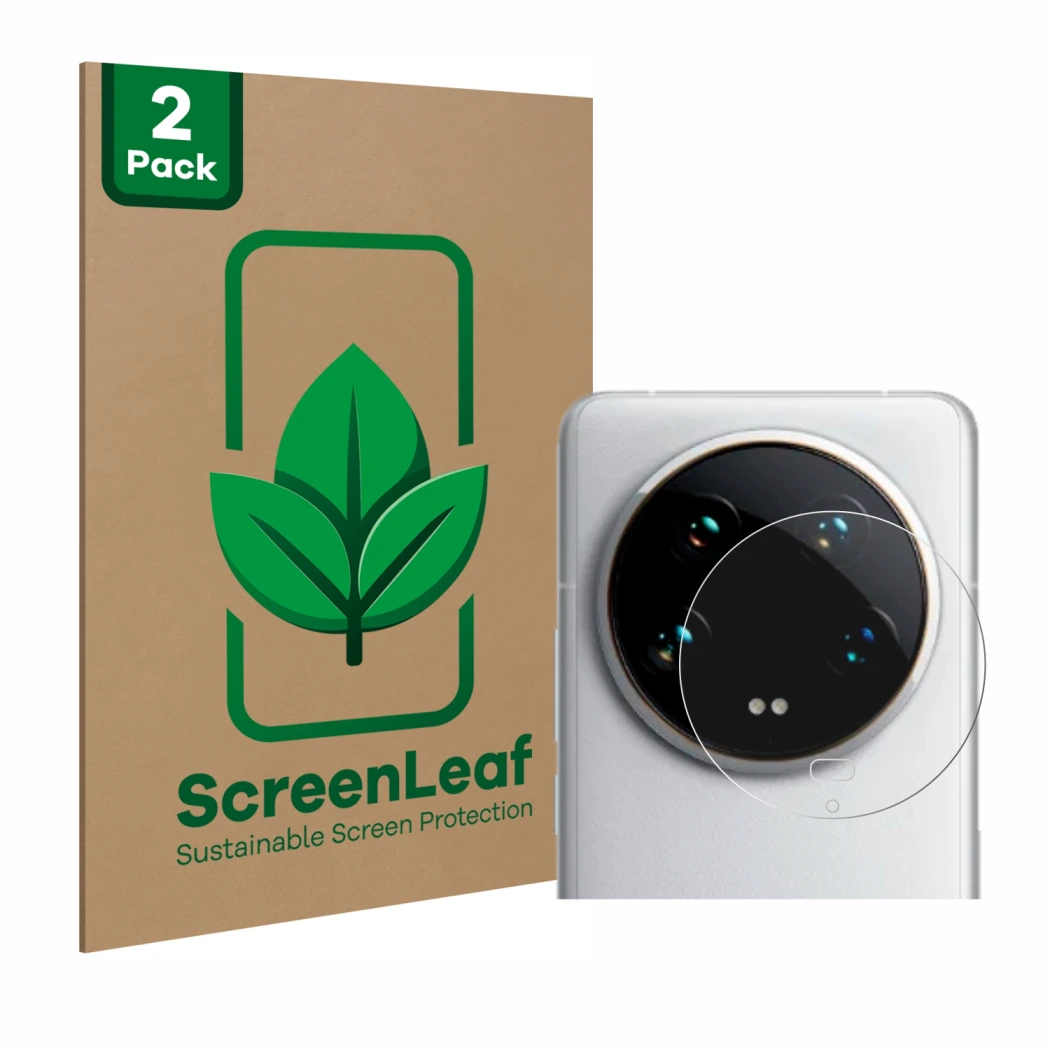 Vorderseite einer Produktverpackung mit dem Markenlogo ScreenLeaf. Daneben ist das Gerät Xiaomi 14 Ultra (NUR Kameraschutz) mi