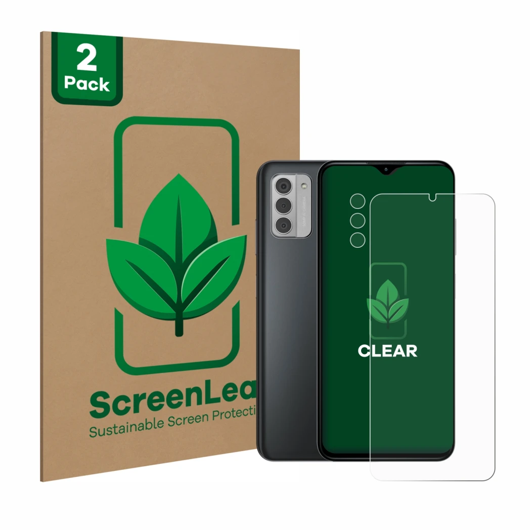 Vorderseite einer Produktverpackung mit dem Markenlogo ScreenLeaf. Daneben ist das Gerät Nokia G42 5G (Display+Kamera) mit dem