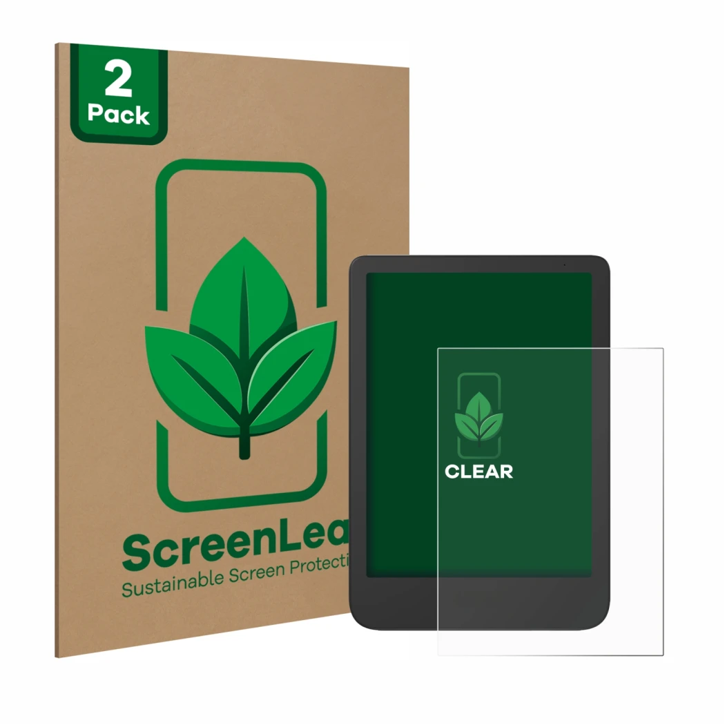 Vorderseite einer Produktverpackung mit dem Markenlogo ScreenLeaf. Daneben ist das Gerät Tolino Shine 5 2024 mit dem zugehörig