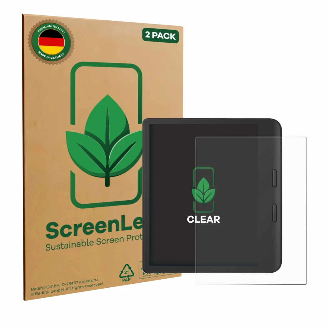 Vorderseite einer Produktverpackung mit dem Markenlogo ScreenLeaf. Daneben ist das Gerät Tolino Vision Color 2024 mit dem zuge