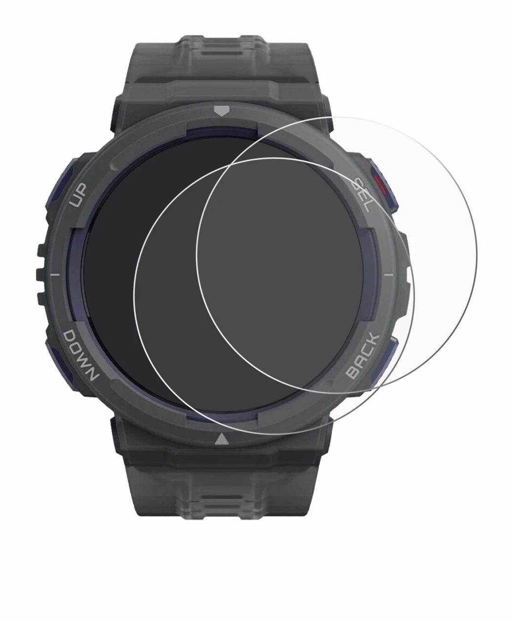 Abbildung des Geräts Amazfit Active Edge mit einer Vielzahl des Displayschutzes.