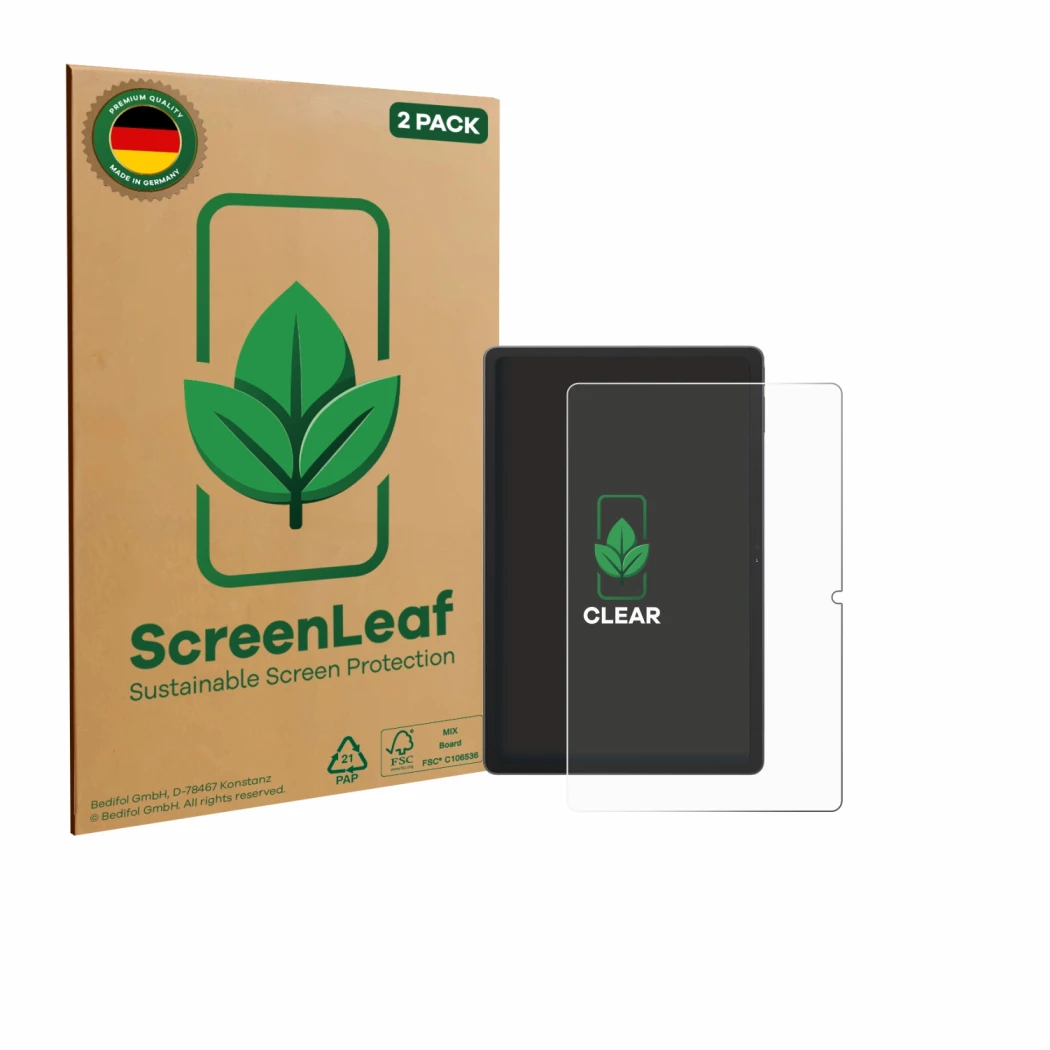 Vorderseite einer Produktverpackung mit dem Markenlogo ScreenLeaf. Daneben ist das Gerät Blackview Tab 16 Pro mit dem zugehöri