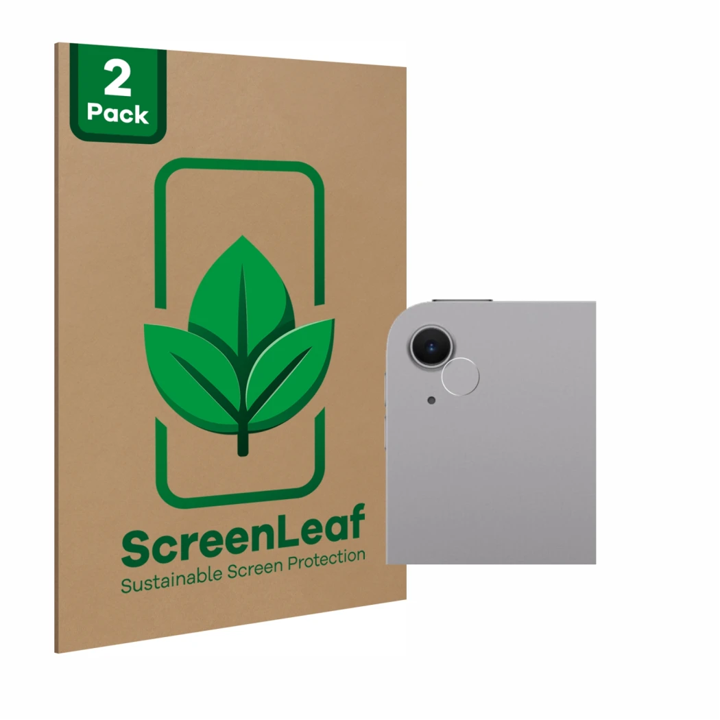 Vorderseite einer Produktverpackung mit dem Markenlogo ScreenLeaf. Daneben ist das Gerät Apple iPad Air 13