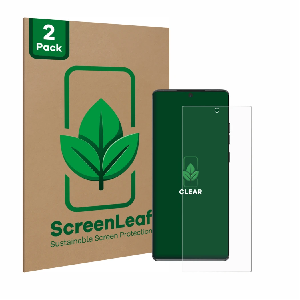 Vorderseite einer Produktverpackung mit dem Markenlogo ScreenLeaf. Daneben ist das Gerät Motorola Moto G85 mit dem zugehörigen