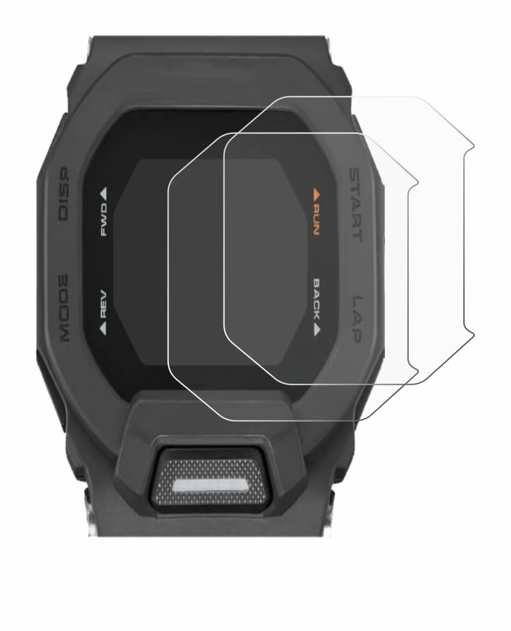 Abbildung des Geräts Casio G-Shock GBD-200 mit einer Vielzahl des Displayschutzes.