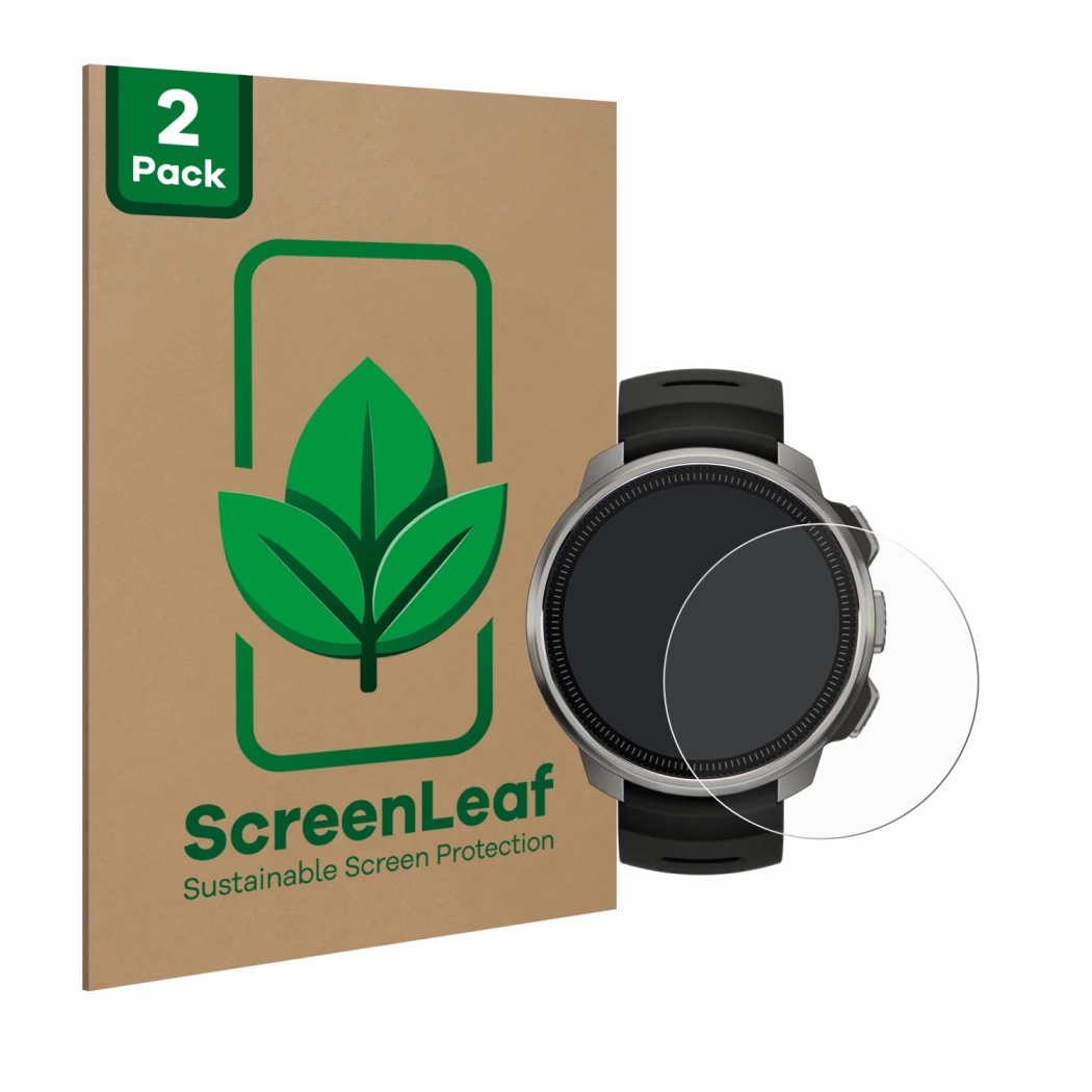 Vorderseite einer Produktverpackung mit dem Markenlogo ScreenLeaf. Daneben ist das Gerät Suunto Ocean mit dem zugehörigen Disp