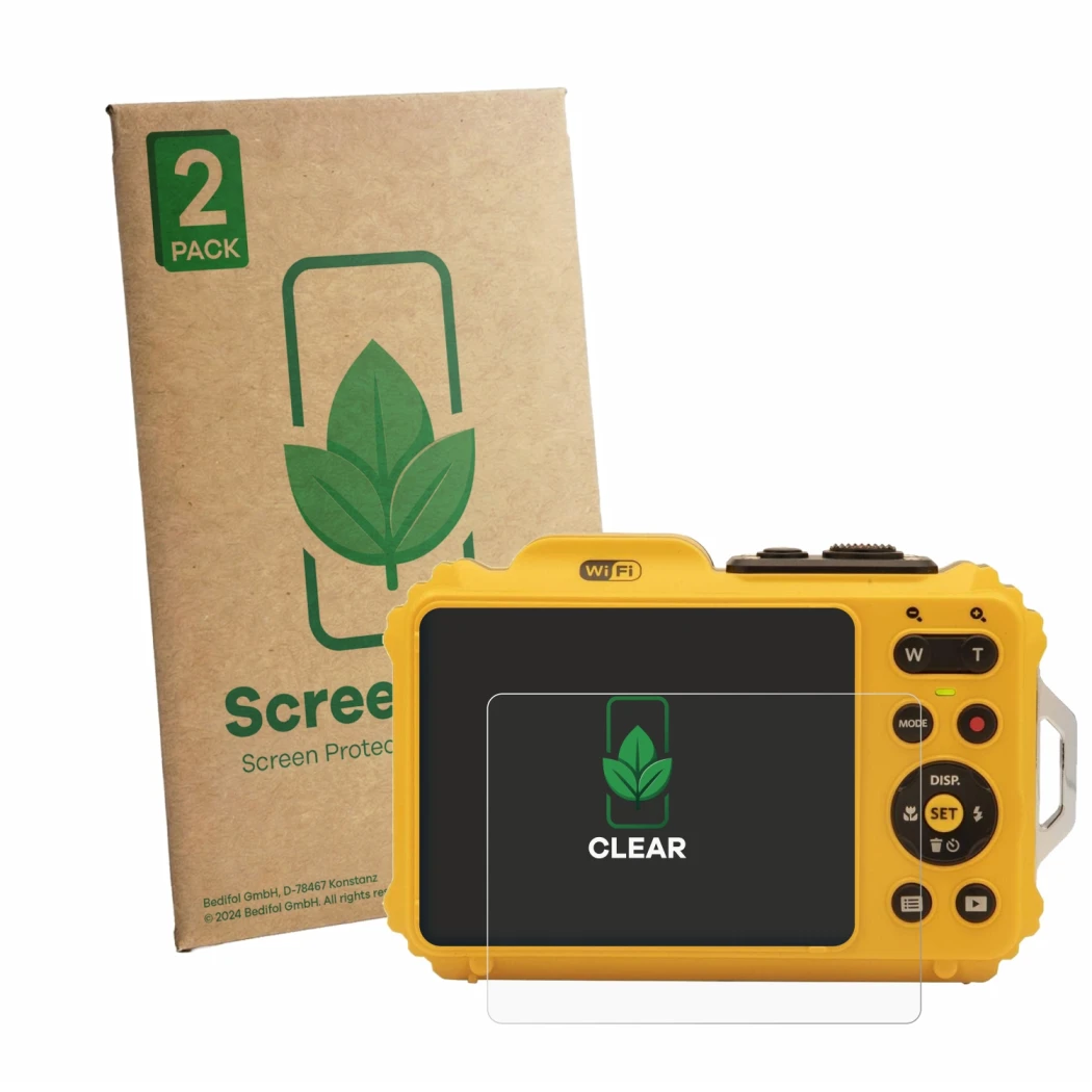 Vorderseite einer Produktverpackung mit dem Markenlogo ScreenLeaf. Daneben ist das Gerät Kodak Pixpro WPZ2 mit dem zugehörigen