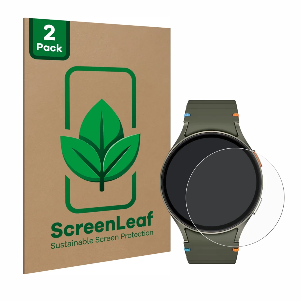 Vorderseite einer Produktverpackung mit dem Markenlogo ScreenLeaf. Daneben ist das Gerät Samsung Galaxy Watch 7 (44 mm) mit de