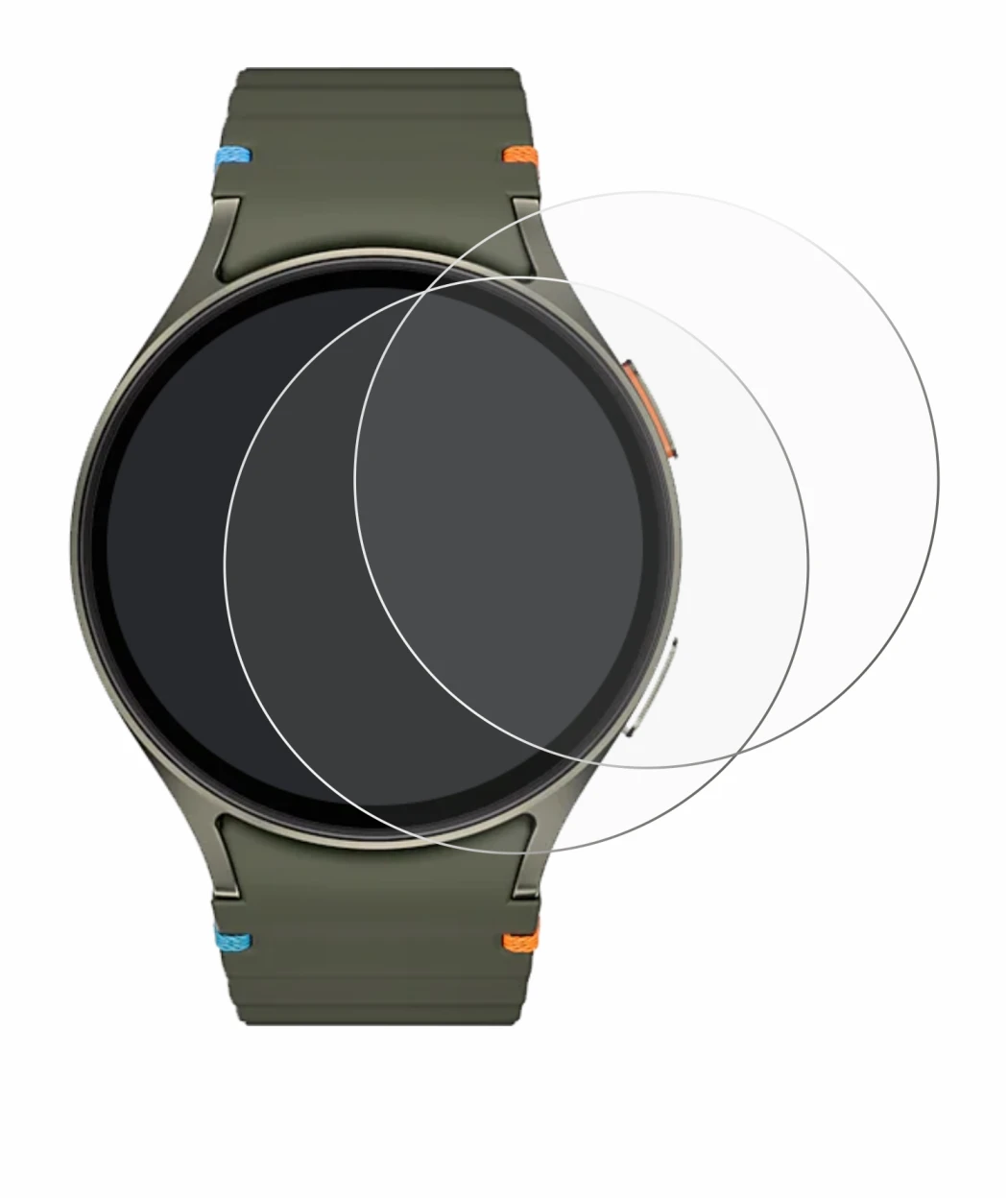 Abbildung des Geräts Samsung Galaxy Watch 7 (44 mm) mit einer Vielzahl des Displayschutzes.