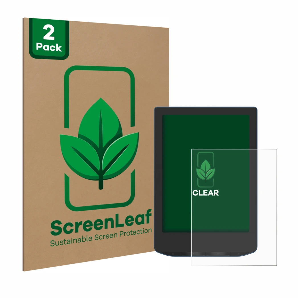 Vorderseite einer Produktverpackung mit dem Markenlogo ScreenLeaf. Daneben ist das Gerät PocketBook Verse Pro Color mit dem zu