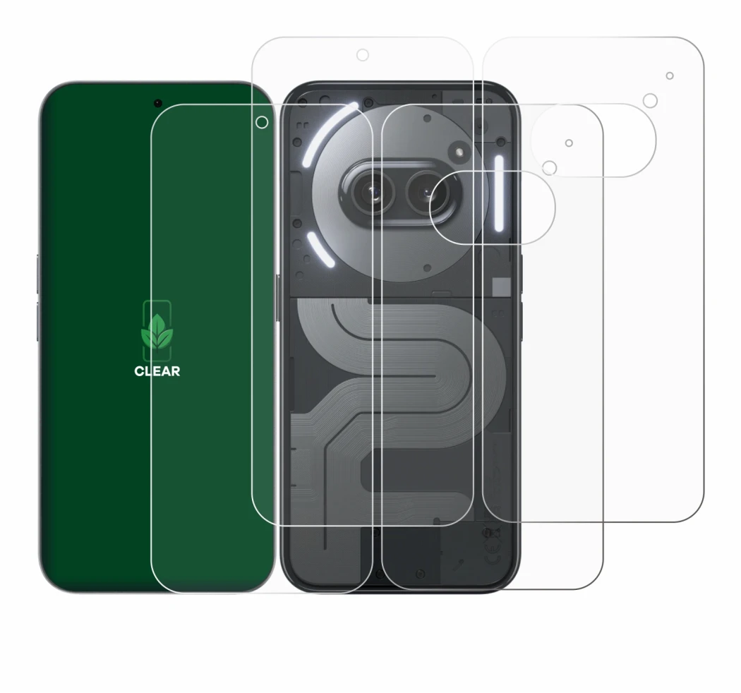 Abbildung des Geräts Nothing Phone (2a) Plus (Display+Rückseite) mit einer Vielzahl des Displayschutzes.