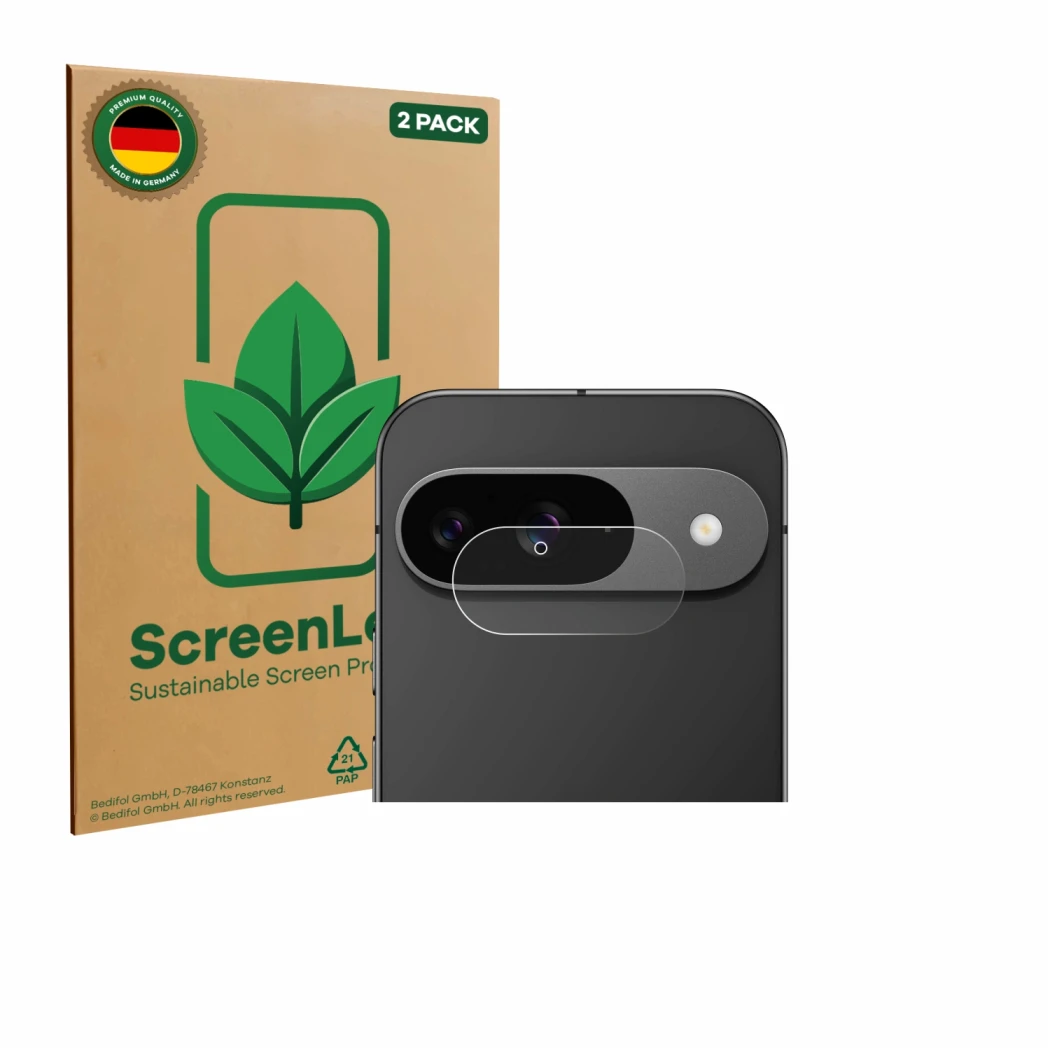 Vorderseite einer Produktverpackung mit dem Markenlogo ScreenLeaf. Daneben ist das Gerät Google Pixel 9 (NUR Kameraschutz) mit