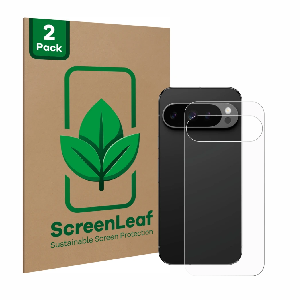 Vorderseite einer Produktverpackung mit dem Markenlogo ScreenLeaf. Daneben ist das Gerät Google Pixel 9 Pro (Rückseite) mit de