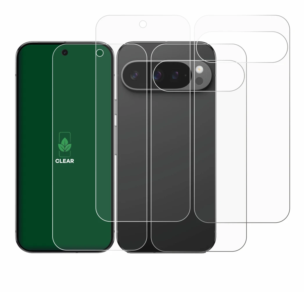 Abbildung des Geräts Google Pixel 9 Pro (Display+Rückseite) mit einer Vielzahl des Displayschutzes.