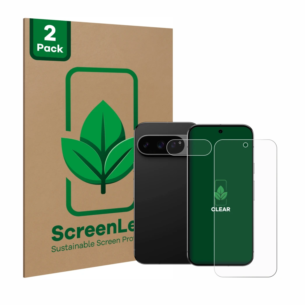 Vorderseite einer Produktverpackung mit dem Markenlogo ScreenLeaf. Daneben ist das Gerät Google Pixel 9 Pro XL (Display+Kamera