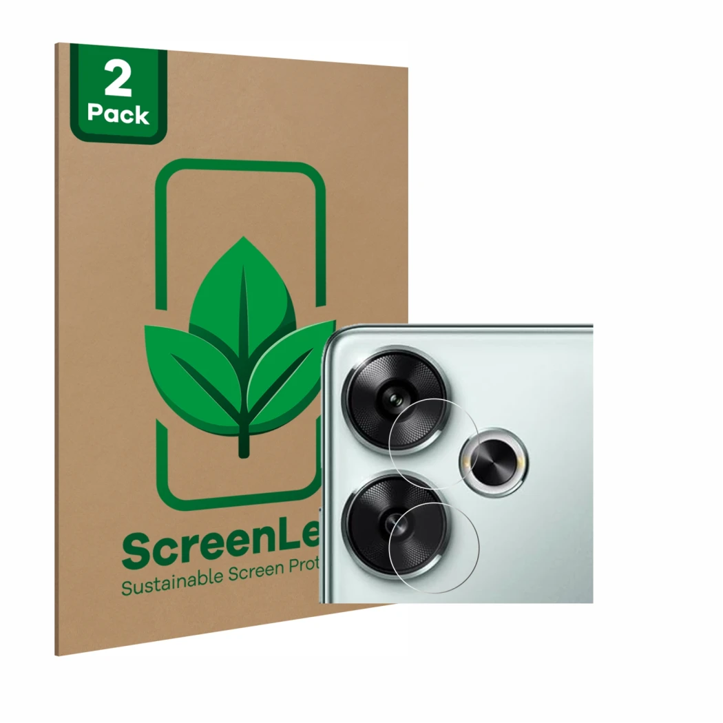 Vorderseite einer Produktverpackung mit dem Markenlogo ScreenLeaf. Daneben ist das Gerät Xiaomi Poco F6 (nur Kameraschutz) mit