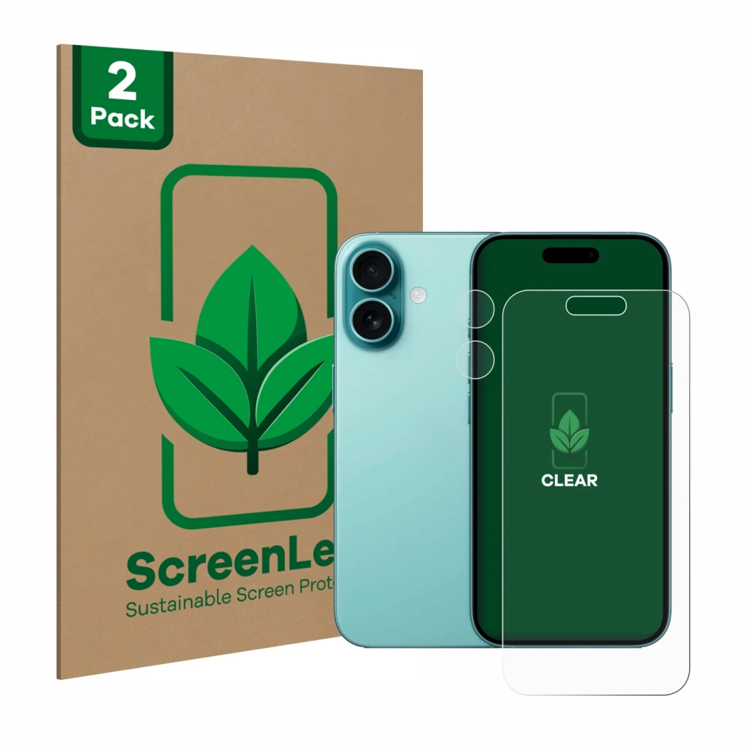 Vorderseite einer Produktverpackung mit dem Markenlogo ScreenLeaf. Daneben ist das Gerät Apple iPhone 16 (Display+Kamera) mit 