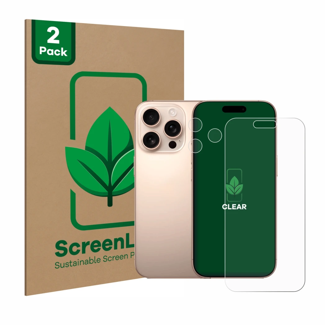 Vorderseite einer Produktverpackung mit dem Markenlogo ScreenLeaf. Daneben ist das Gerät Apple iPhone 16 Pro Max (Display+Kame