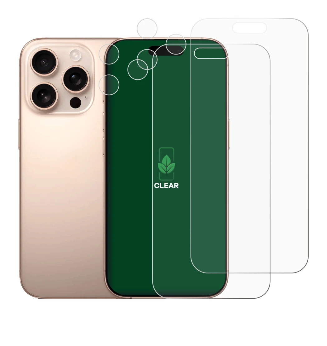 Abbildung des Geräts Apple iPhone 16 Pro Max (Display+Kamera) mit einer Vielzahl des Displayschutzes.