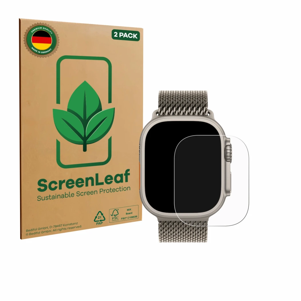 Vorderseite einer Produktverpackung mit dem Markenlogo ScreenLeaf. Daneben ist das Gerät Apple Watch Ultra 3 mit dem zugehörig