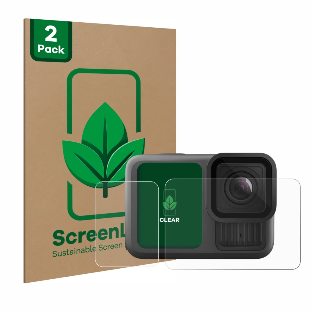 Vorderseite einer Produktverpackung mit dem Markenlogo ScreenLeaf. Daneben ist das Gerät GoPro Hero 13 Black mit dem zugehörig