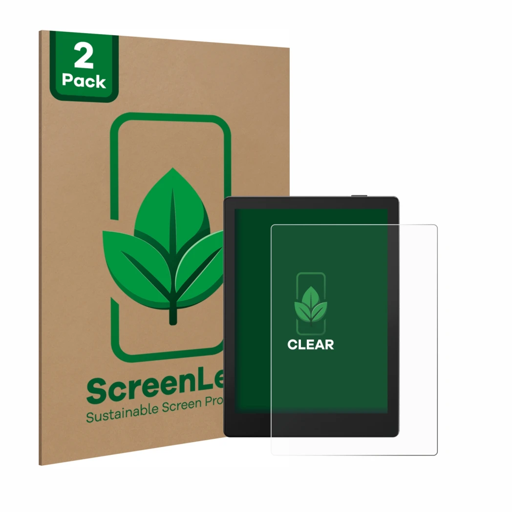 Vorderseite einer Produktverpackung mit dem Markenlogo ScreenLeaf. Daneben ist das Gerät Boox Go 6 mit dem zugehörigen Display