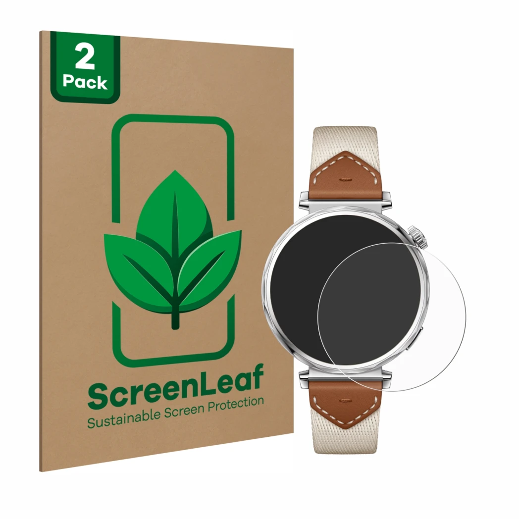 Vorderseite einer Produktverpackung mit dem Markenlogo ScreenLeaf. Daneben ist das Gerät Huawei Watch GT 5 (41 mm) mit dem zug