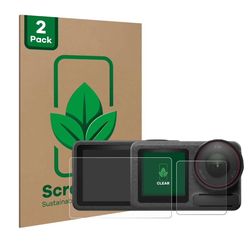 Vorderseite einer Produktverpackung mit dem Markenlogo ScreenLeaf. Daneben ist das Gerät DJI Osmo Action 5 Pro mit dem zugehör