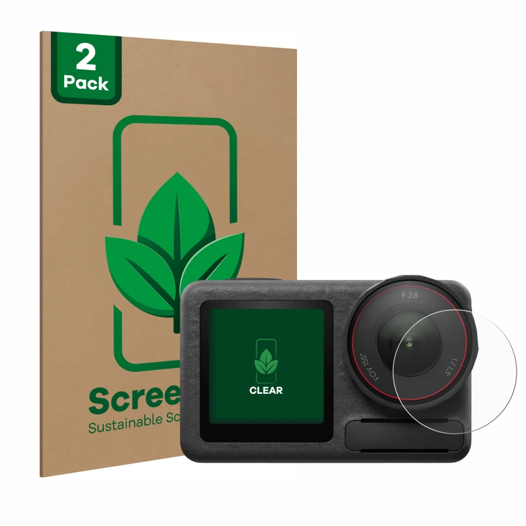 Vorderseite einer Produktverpackung mit dem Markenlogo ScreenLeaf. Daneben ist das Gerät DJI Osmo Action 5 Pro (Linse) mit dem
