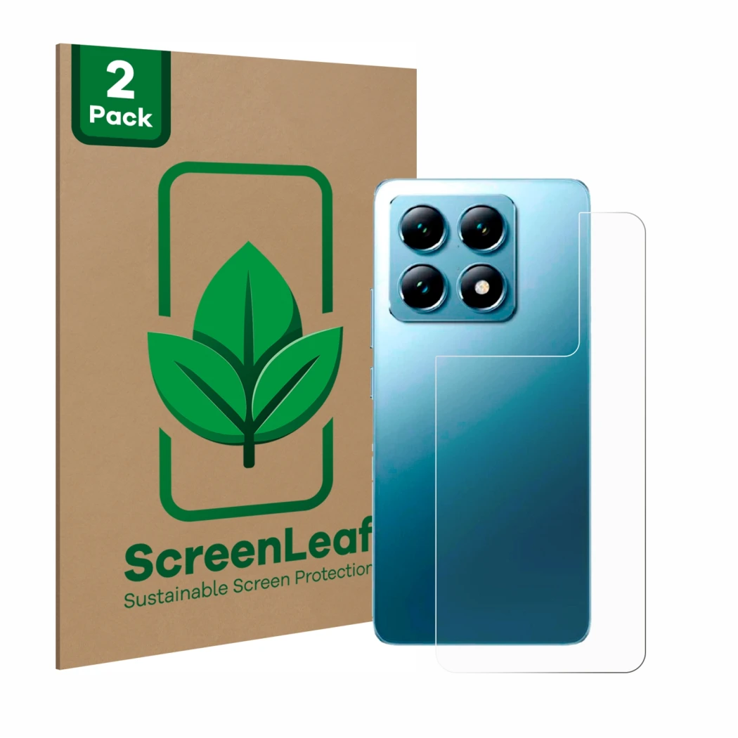 Vorderseite einer Produktverpackung mit dem Markenlogo ScreenLeaf. Daneben ist das Gerät Xiaomi 14T (Rückseite) mit dem zugehö