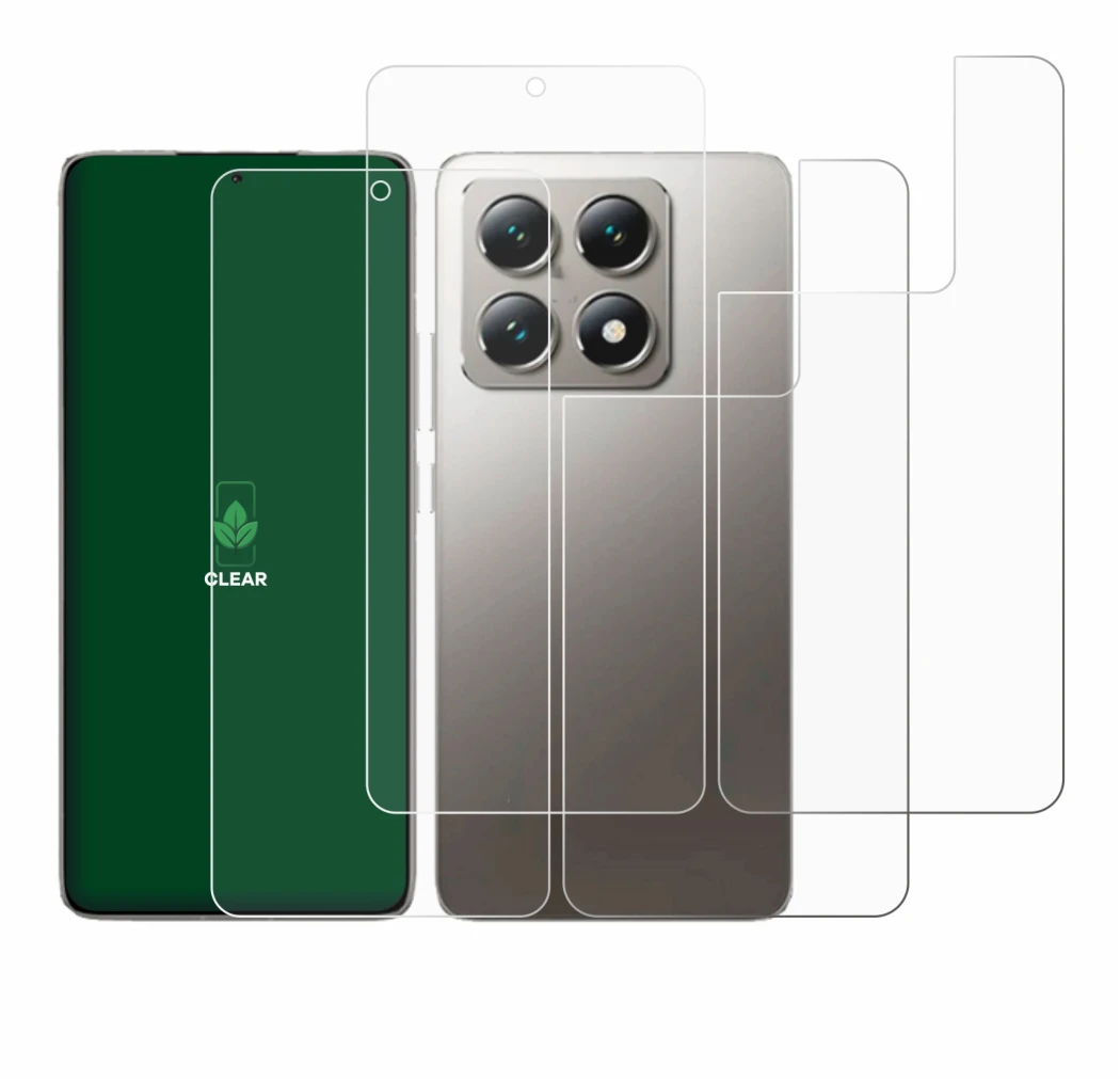 Abbildung des Geräts Xiaomi 14T (Display+Rückseite) mit einer Vielzahl des Displayschutzes.
