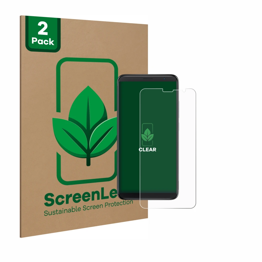 Vorderseite einer Produktverpackung mit dem Markenlogo ScreenLeaf. Daneben ist das Gerät TCL 403 mit dem zugehörigen Displaysc