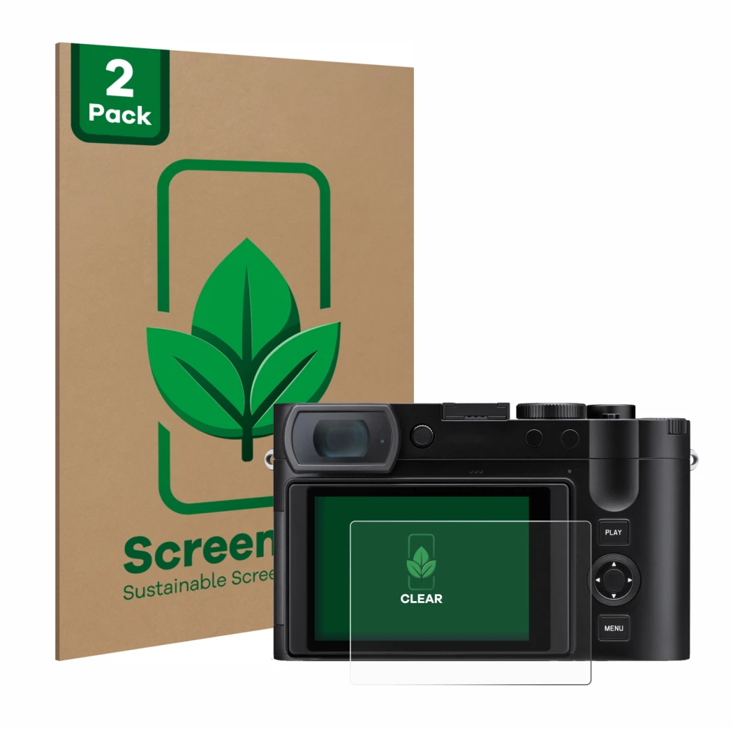 Vorderseite einer Produktverpackung mit dem Markenlogo ScreenLeaf. Daneben ist das Gerät Leica Q3 43 mit dem zugehörigen Displ